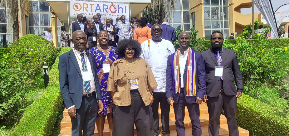 Dr. Dorothy Ngila (Director, NRF), Ms. Natasha Allie (CEO Oliver and Adelaide Tambo Foundation), Assoc. Prof. David Meya (Uganda Chair Elect, ORTARChI), Prof. Henry Arinaitwe (DVC F&A, Mak), Assoc Prof. Robert Wamala (Director, DRGT) and Dr. Martin Ongol (Ag. Executive Secretary, UNCST)