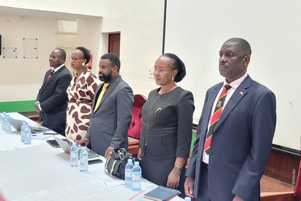 R-L: Prof. Julius Kikooma, Prof. Sarah Ssali, Prof. Robert Wamala, Ms. Grace Cherotich Ruto and Dr. Kizito Ongaya at the orientation of the 2026/2027 PhD Cohort on 10th August 2026.